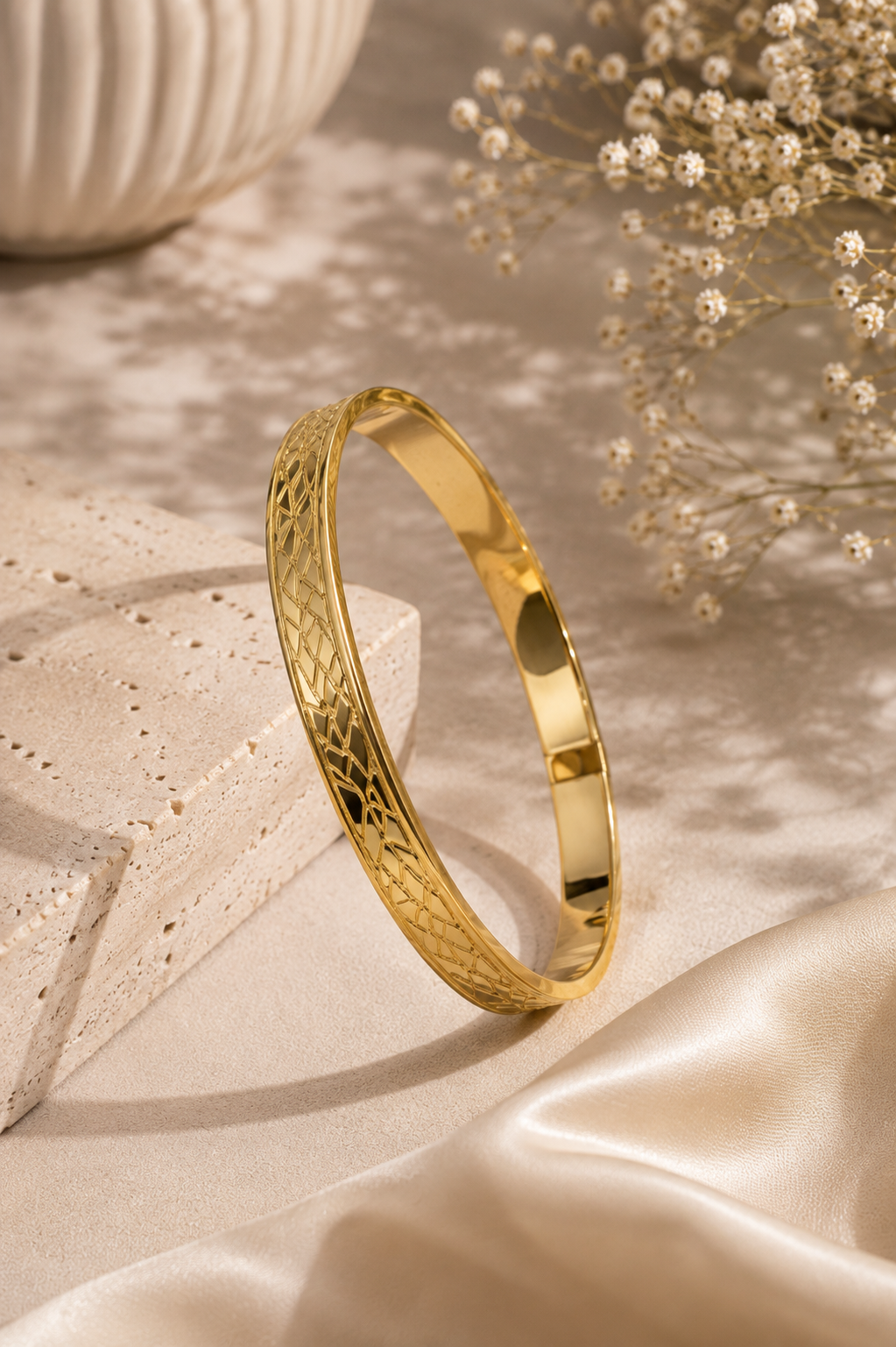Golden Geometric Engraved Bangle