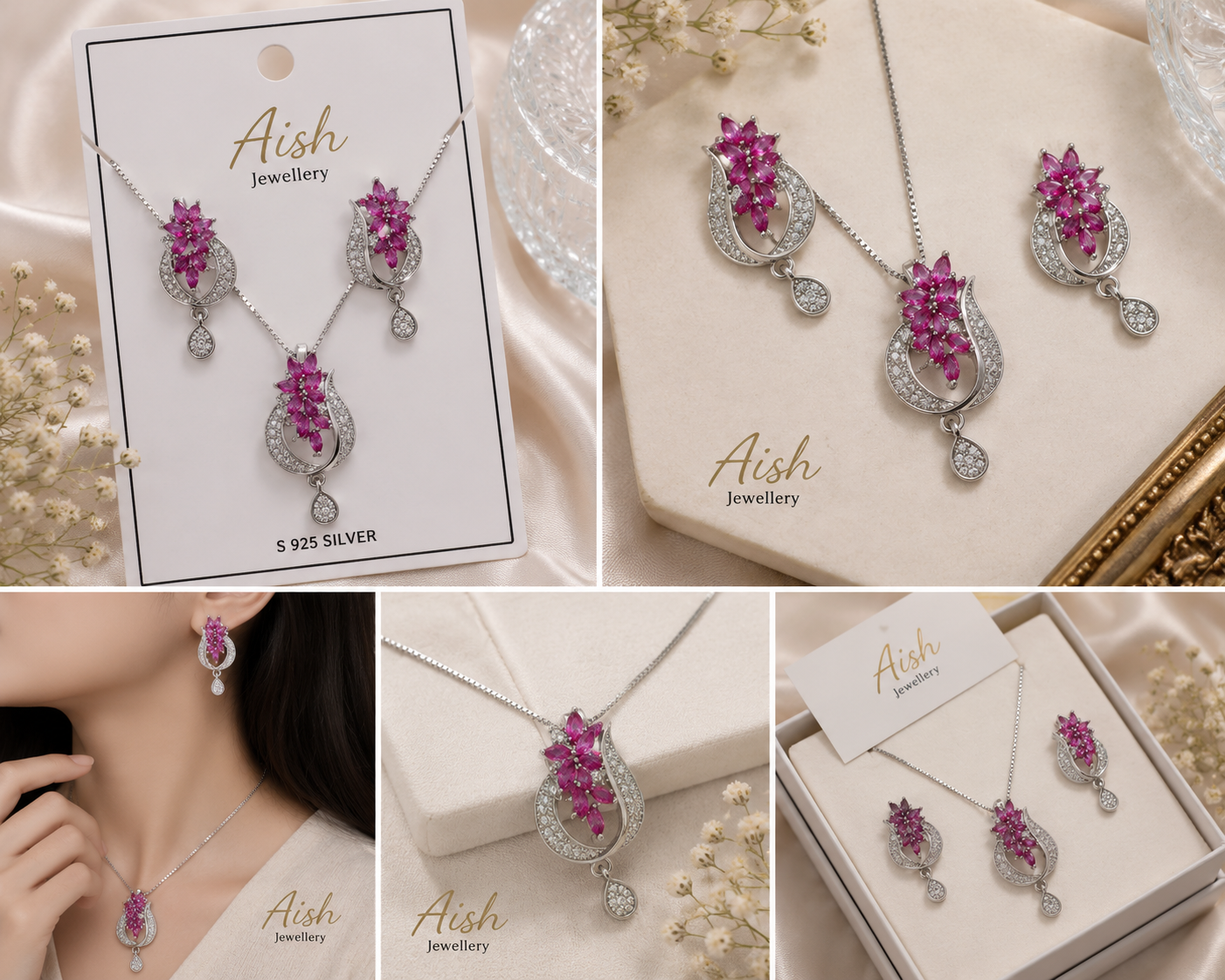Elegant Floral Stone Pendant Necklace & Earrings Set