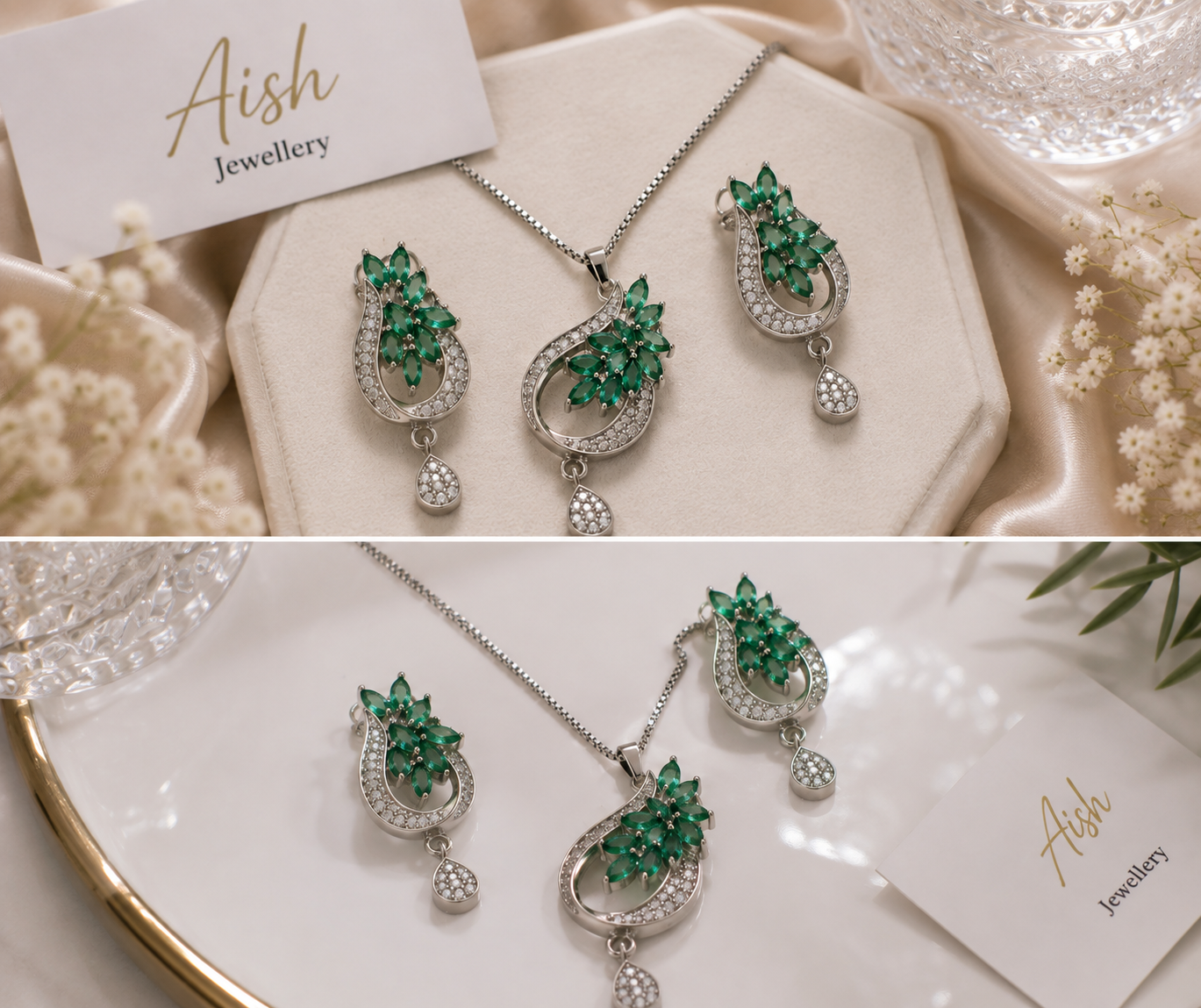 Elegant Floral Stone Pendant Necklace & Earrings Set