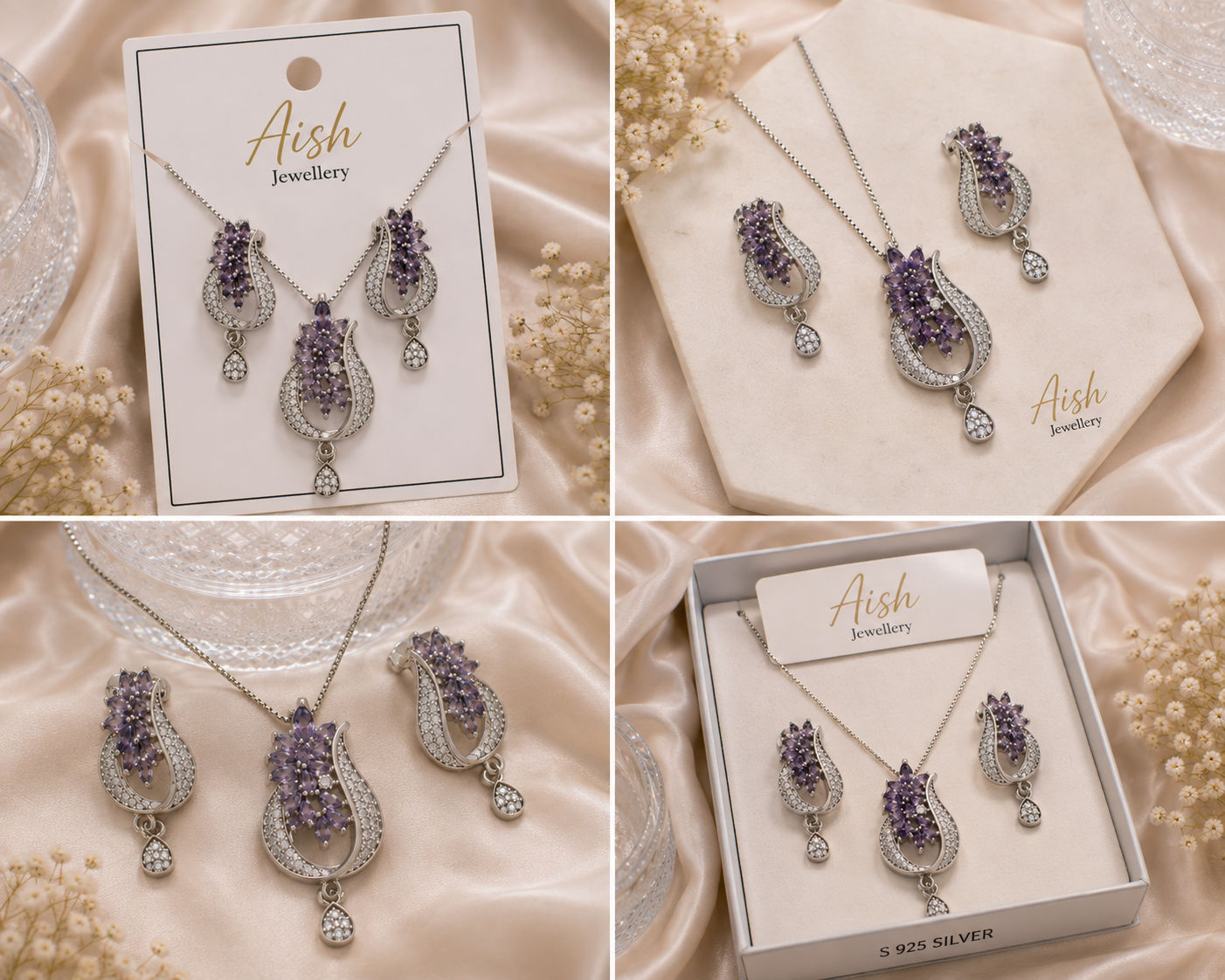 Elegant Floral Stone Pendant Necklace & Earrings Set