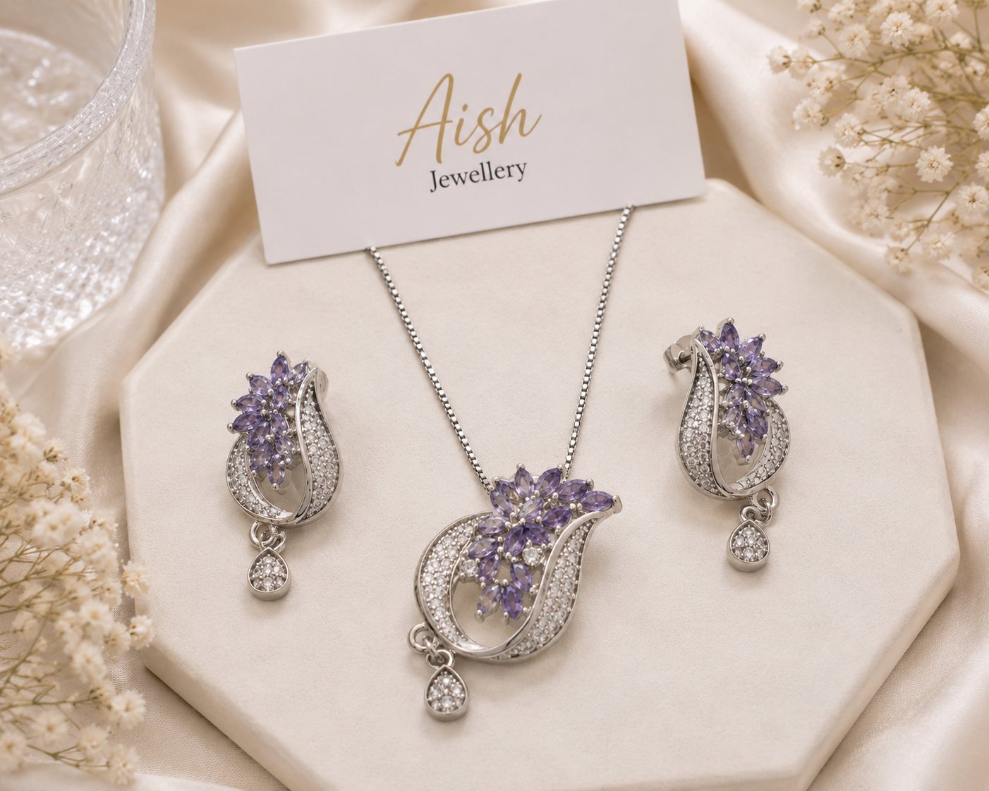 Elegant Floral Stone Pendant Necklace & Earrings Set
