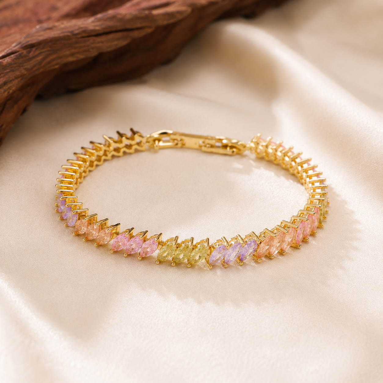 Pastel Crystal Tennis Bracelet – Gold Plated Multicolor Stone Bracelet