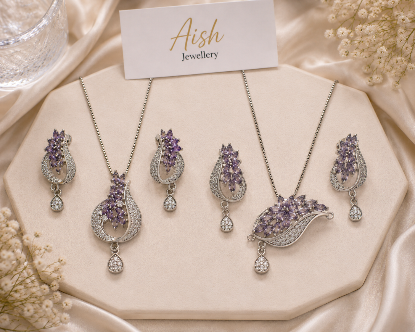 Elegant Floral Stone Pendant Necklace & Earrings Set