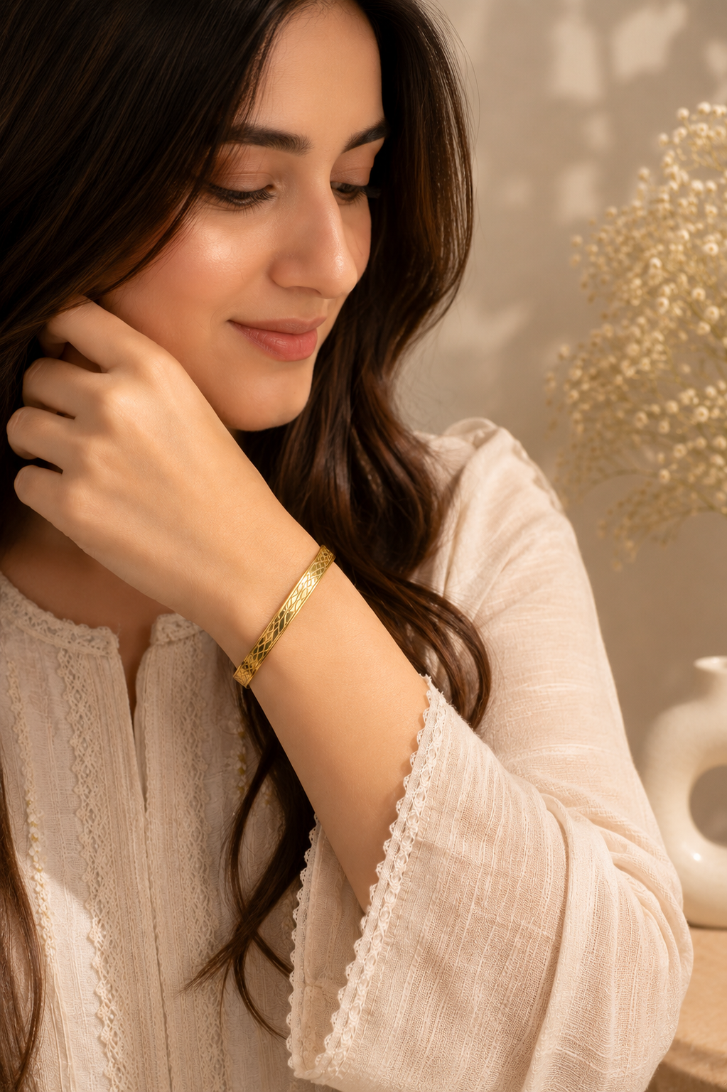 Golden Geometric Engraved Bangle