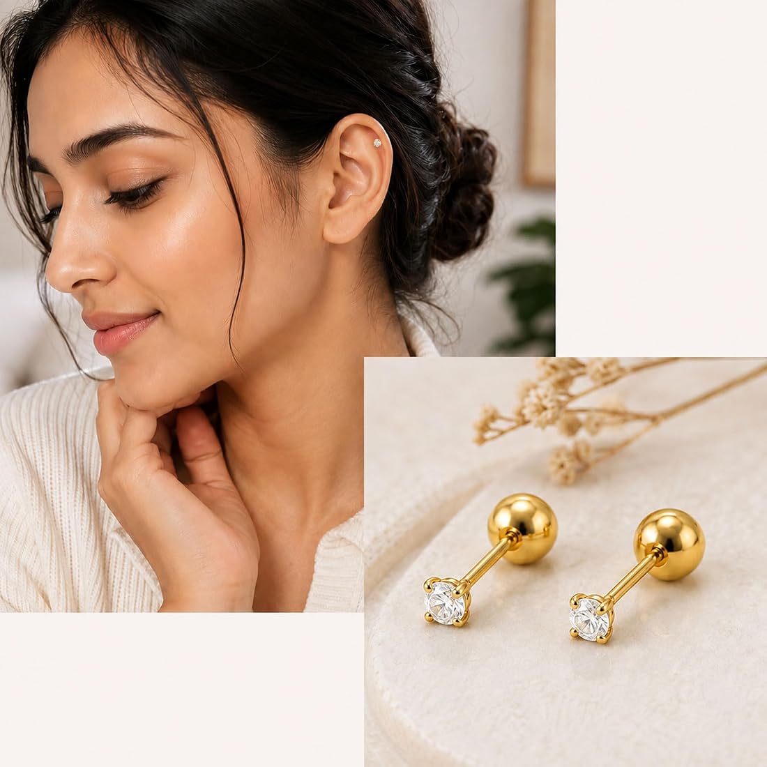 14K Gold Crystal Cartilage Stud Earrings – Safety Screw Back