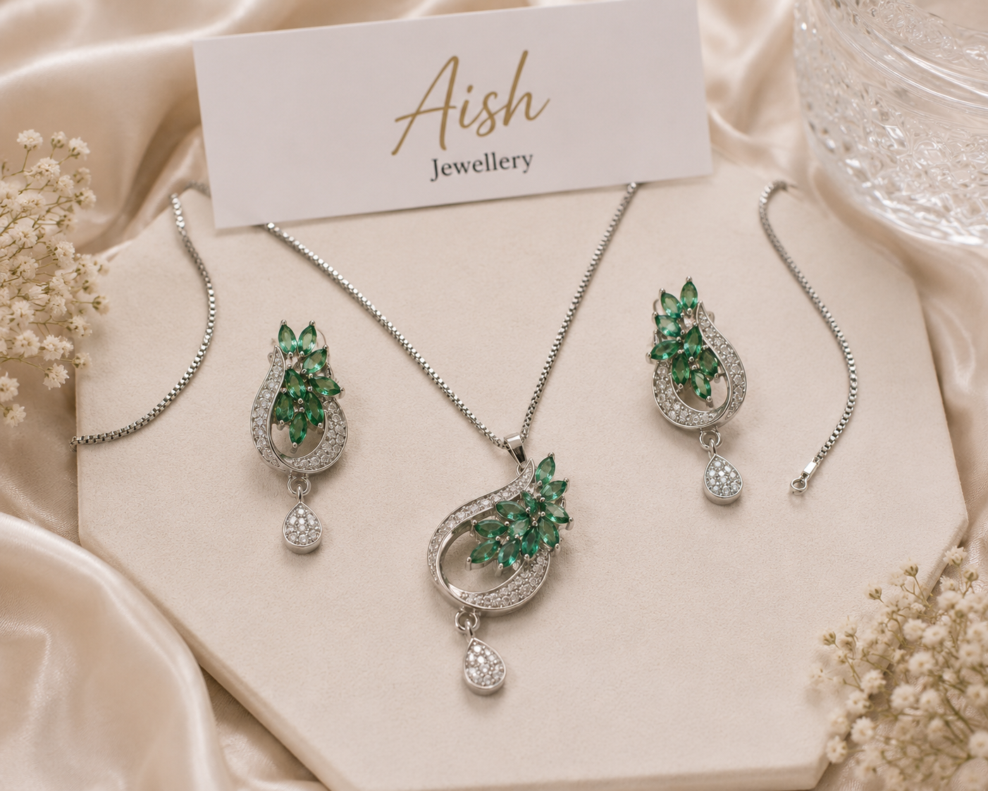 Elegant Floral Stone Pendant Necklace & Earrings Set