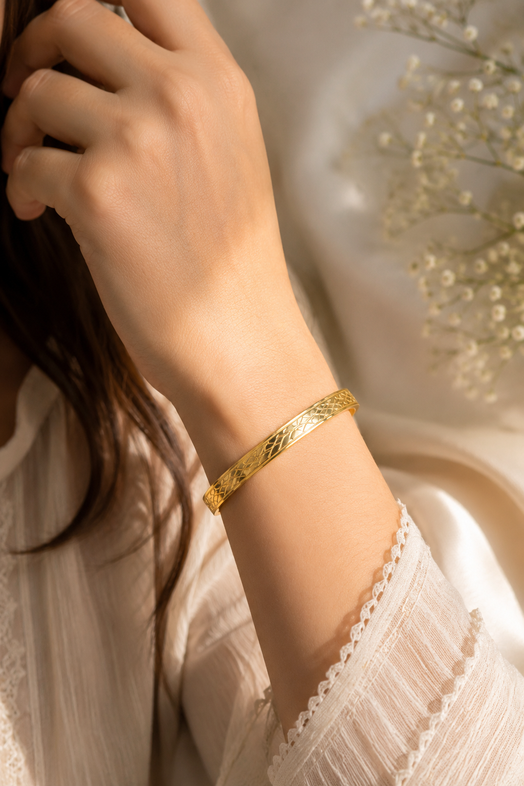 Golden Geometric Engraved Bangle