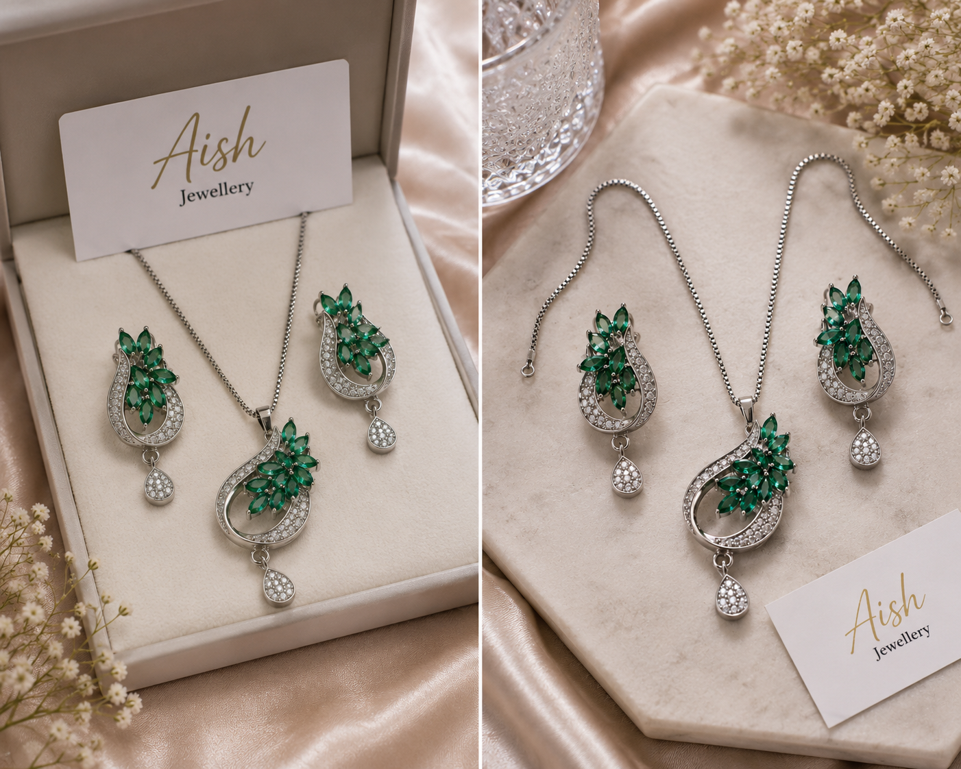 Elegant Floral Stone Pendant Necklace & Earrings Set
