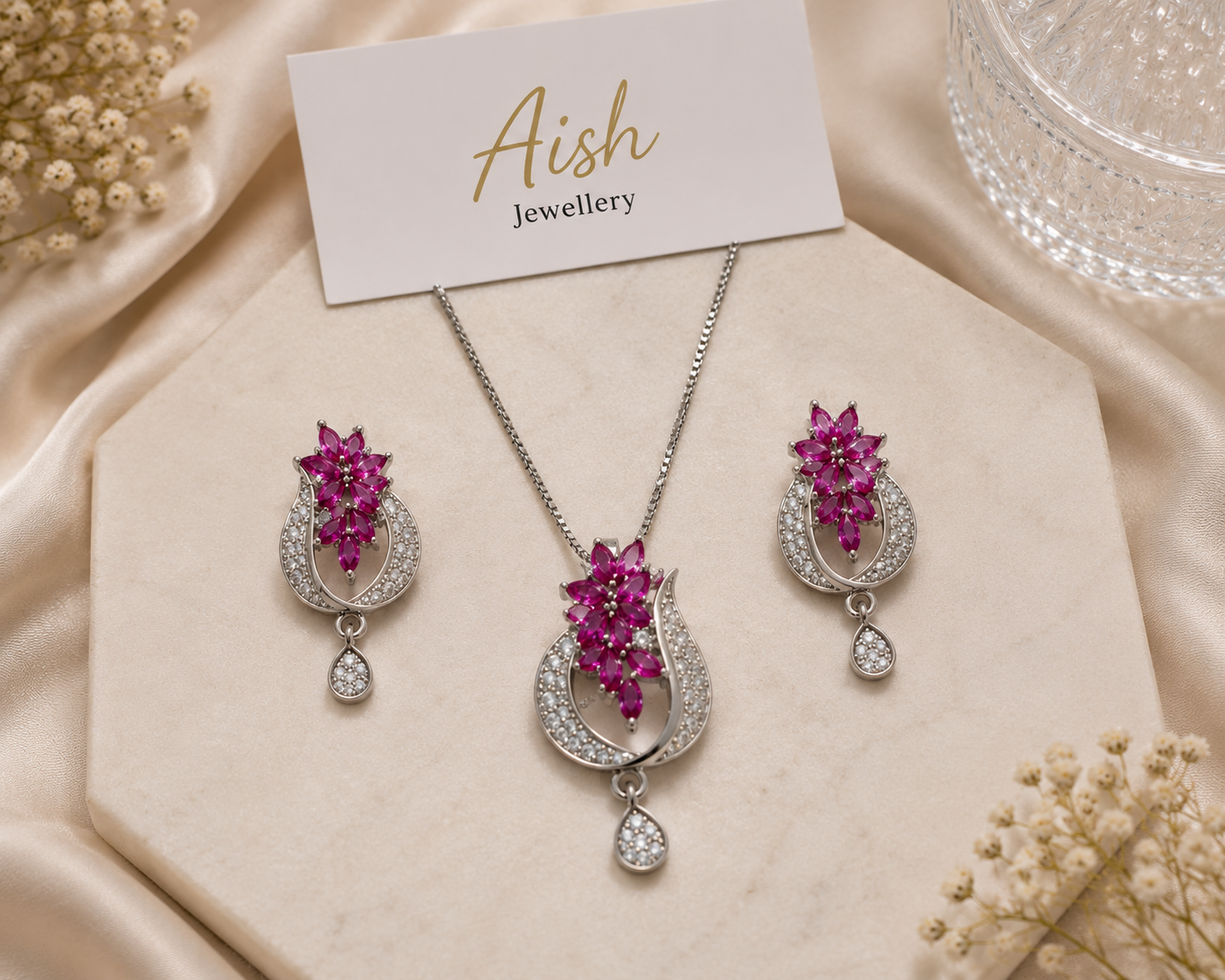 Elegant Floral Stone Pendant Necklace & Earrings Set