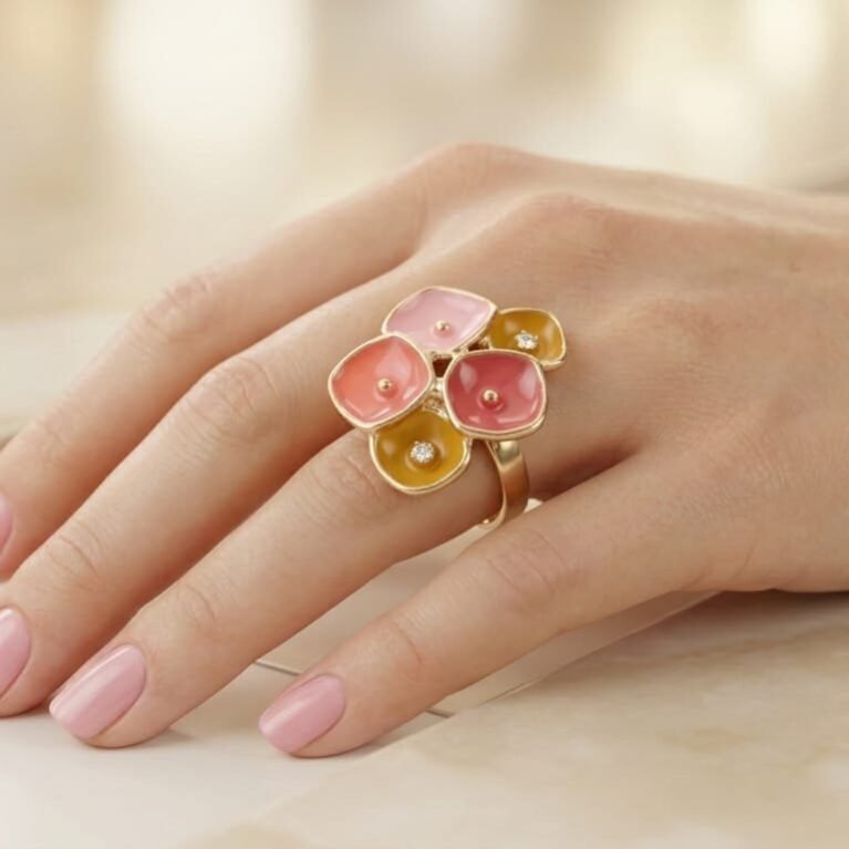 Rose Blush & Honey Gold Bloom Floral Enamel Statement Ring