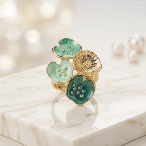 Lotus Blossom Seafoam & Jade Green Enamel Gold Ring