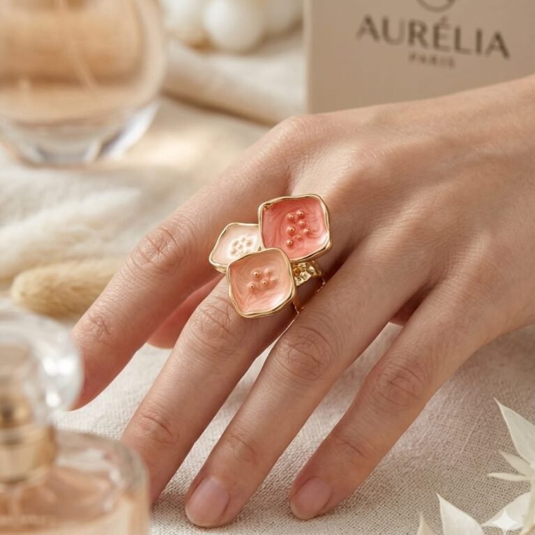 Trio Blossom Salmon Pink & Peach Enamel Gold Ring