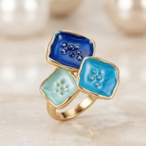 Midnight Sapphire, Sky Blue & Ice Mint Geometric Enamel Statement Ring
