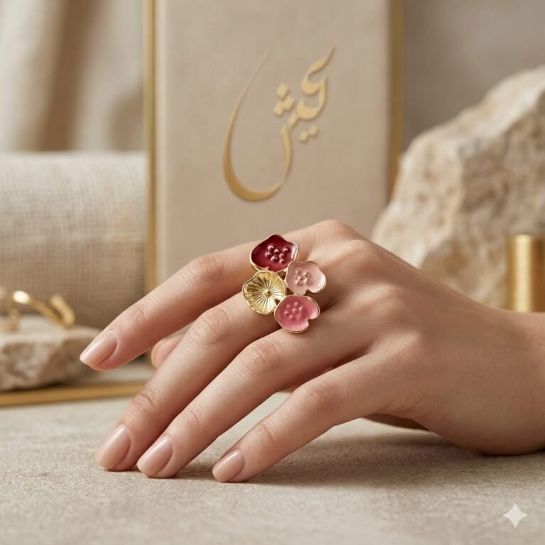 Lotus Blossom Maroon & Rose Pink Enamel Gold Ring