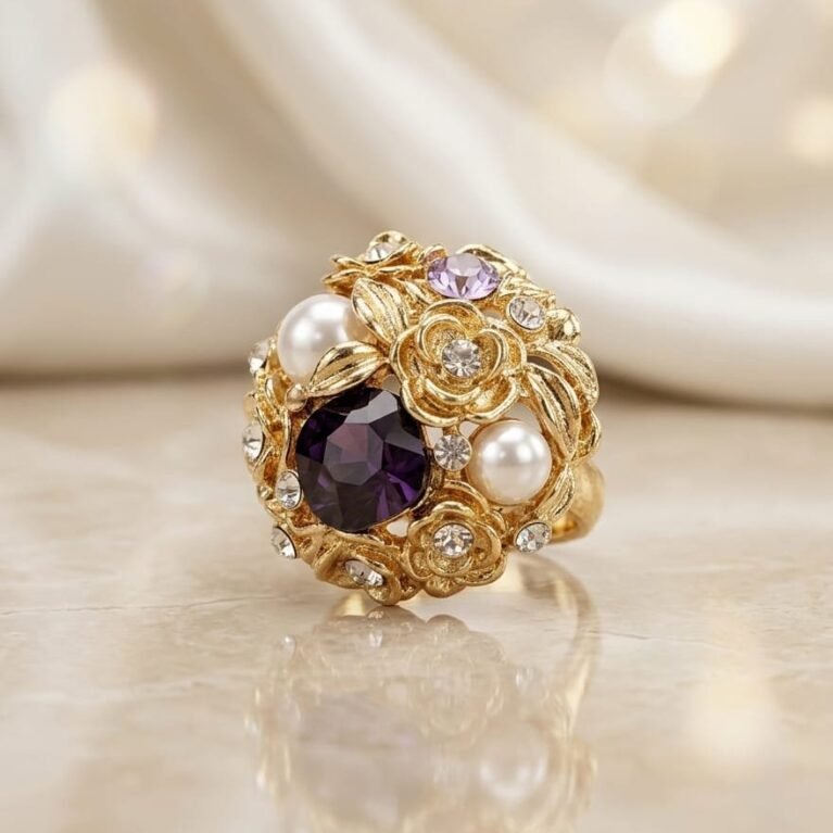 Dark Purple Gold Cocktail Ring