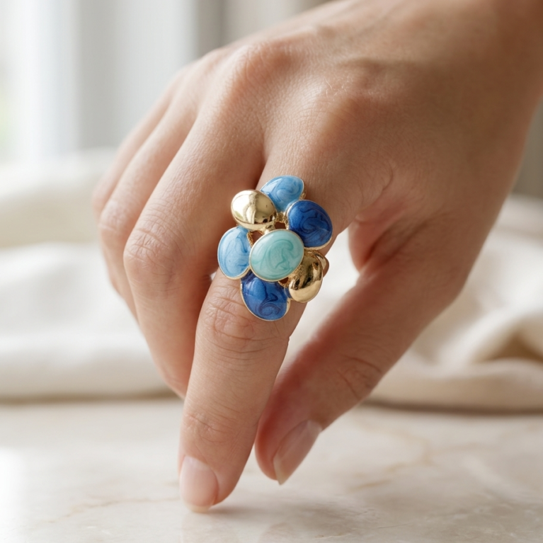 Azure Bloom Enamel & Gold Statement Ring – Artisan Luxury Collection