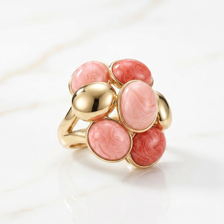 Coral Blush Enamel & Gold Statement Ring