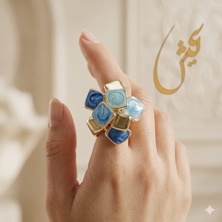 Golden Oceanic Blue Rubik Ring